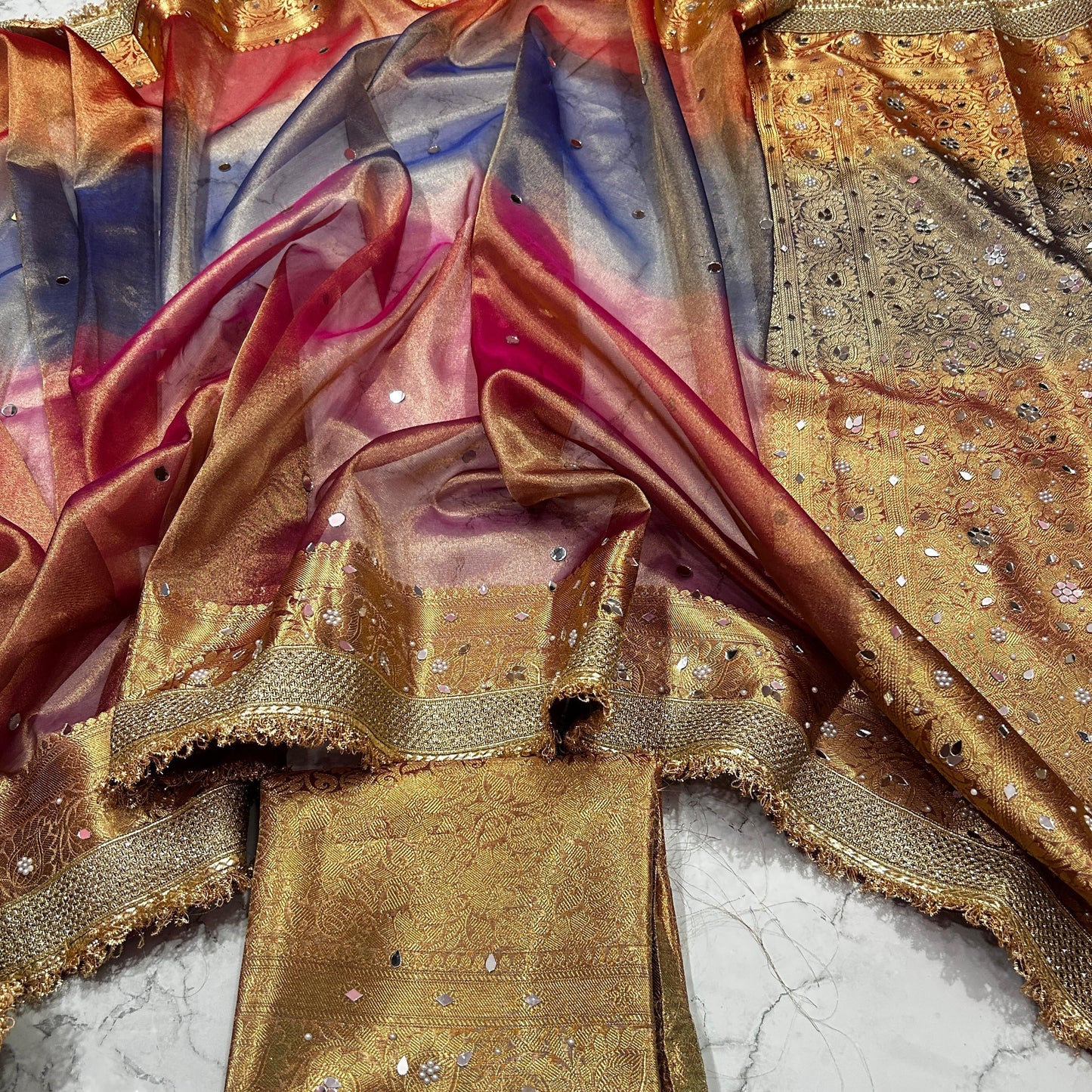 Multi Color Banaras Tissue Silk Saree Lace With Mirror Work Alna Apparels