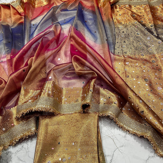 Multi Color Banaras Tissue Silk Saree Lace With Mirror Work Alna Apparels
