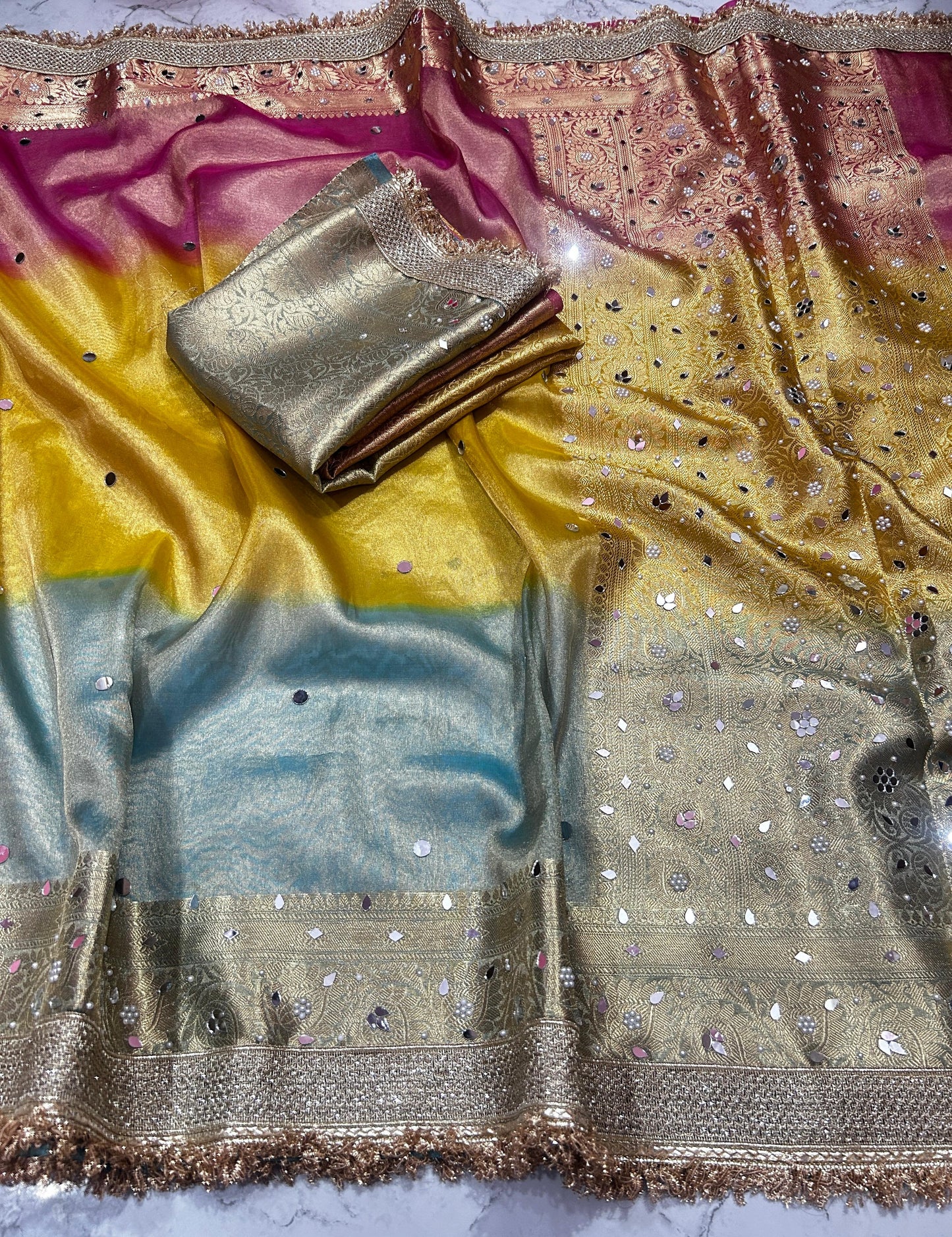 Multi Color Banaras Tissue Silk Saree Lace With Mirror Work Alna Apparels