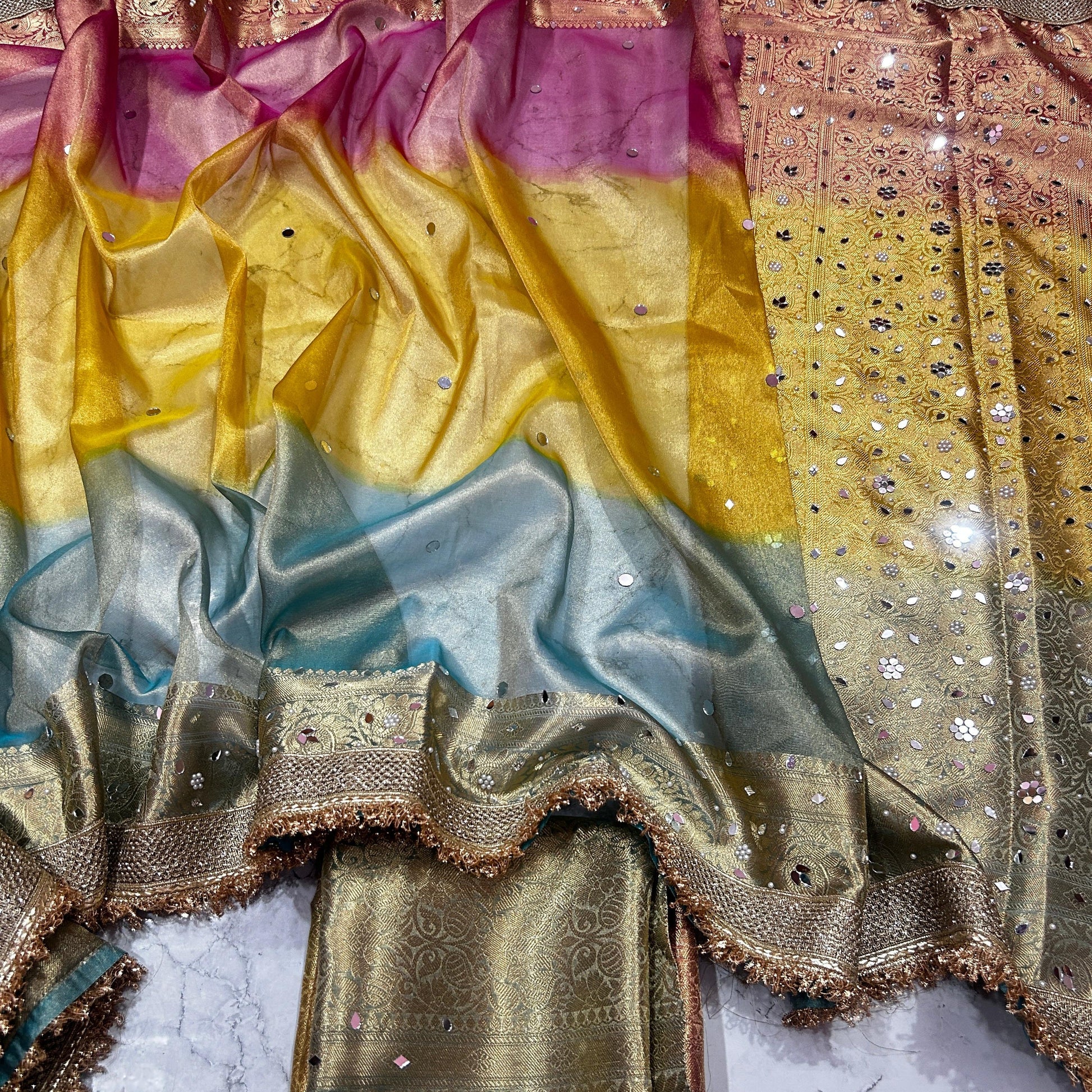 Multi Color Banaras Tissue Silk Saree Lace With Mirror Work Alna Apparels