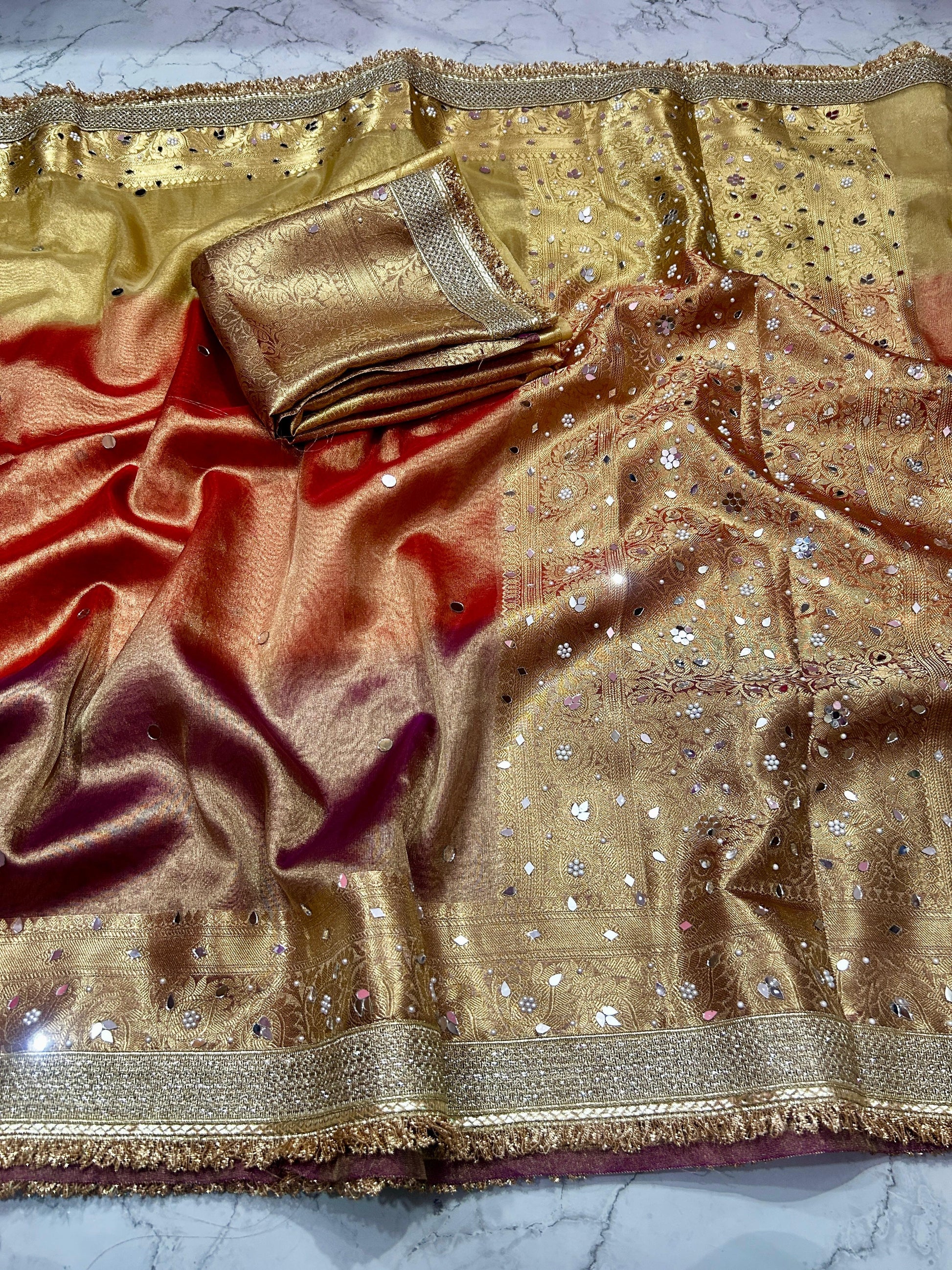 Multi Color Banarasi Tissue Silk Saree Lace With Mirror Work Alna Apparels