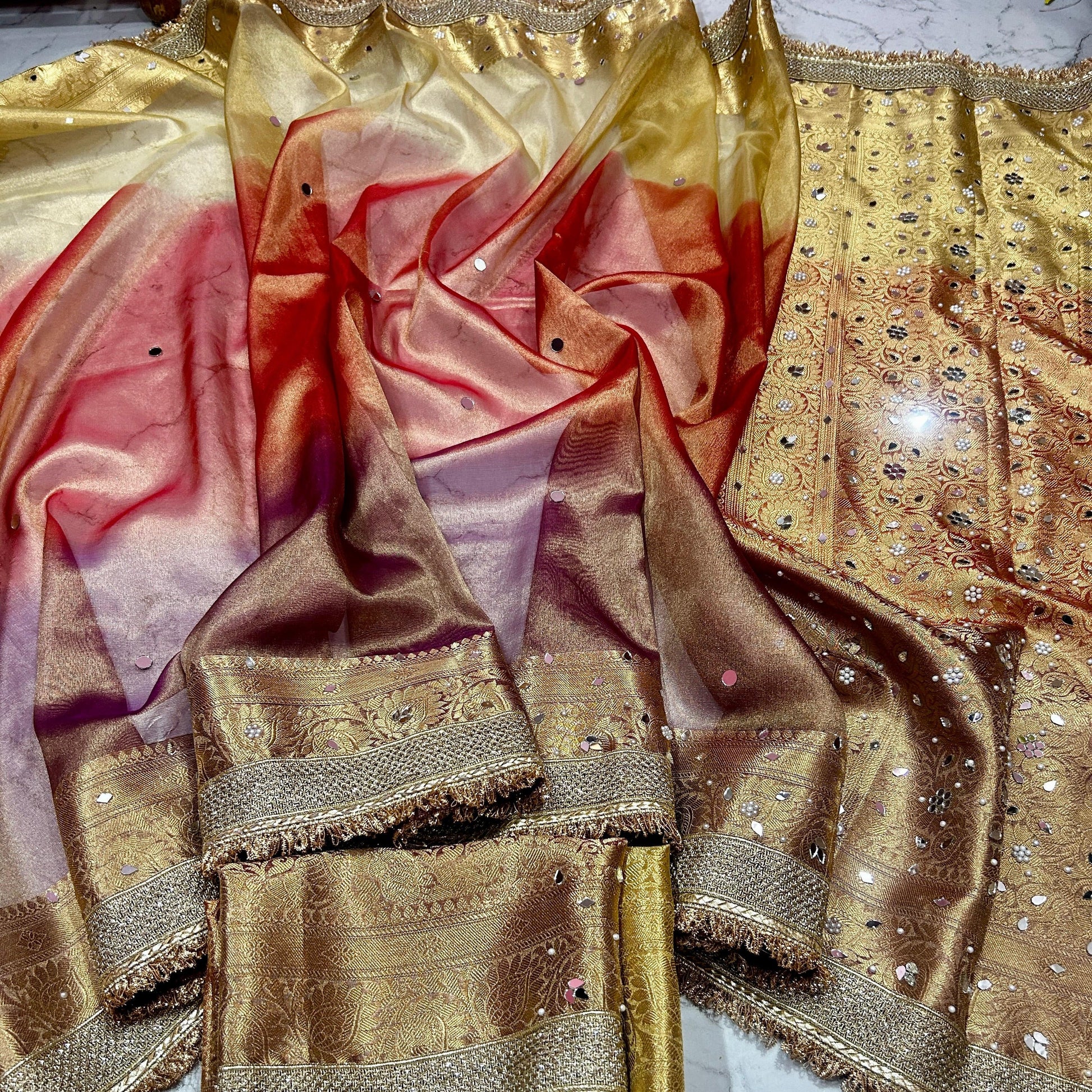 Multi Color Banarasi Tissue Silk Saree Lace With Mirror Work Alna Apparels