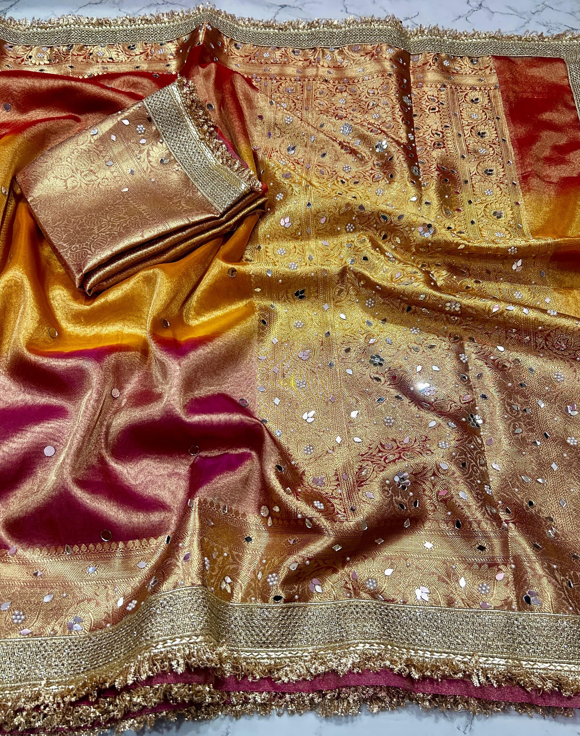 Multi Color Banarasi Tissue Silk Saree Lace With Mirror Work Alna Apparels