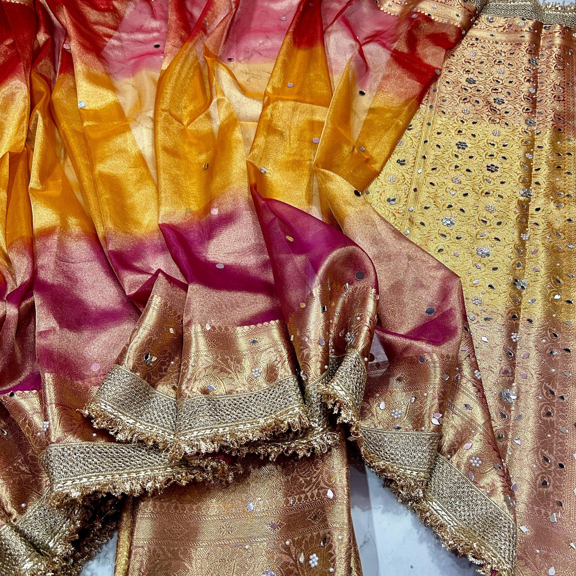 Multi Color Banarasi Tissue Silk Saree Lace With Mirror Work Alna Apparels