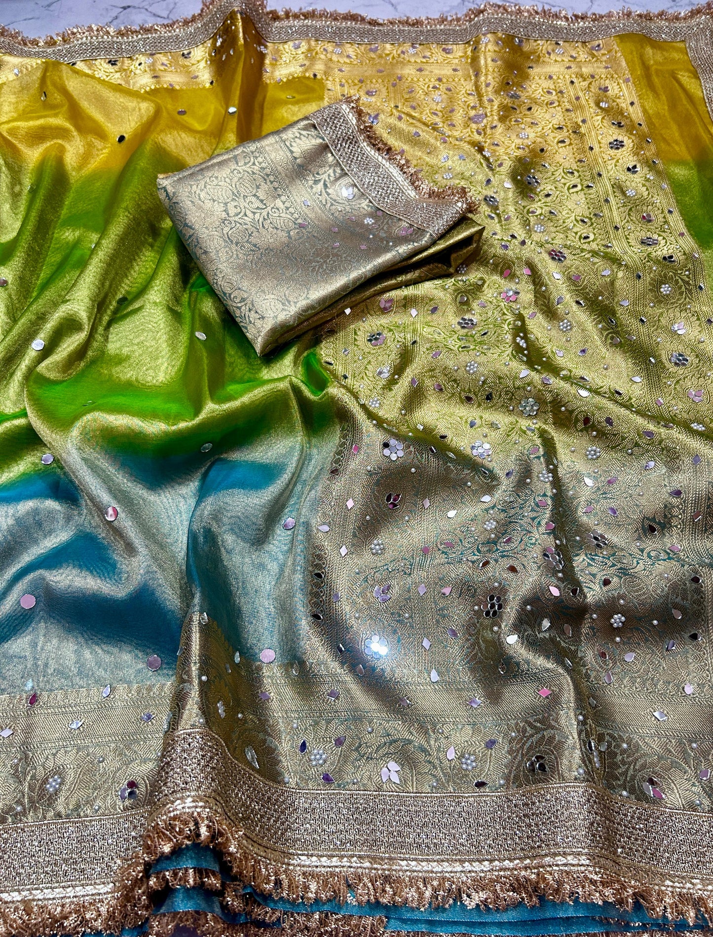 Multi Color Banarasi Tissue Silk Saree Lace With Mirror Work Alna Apparels