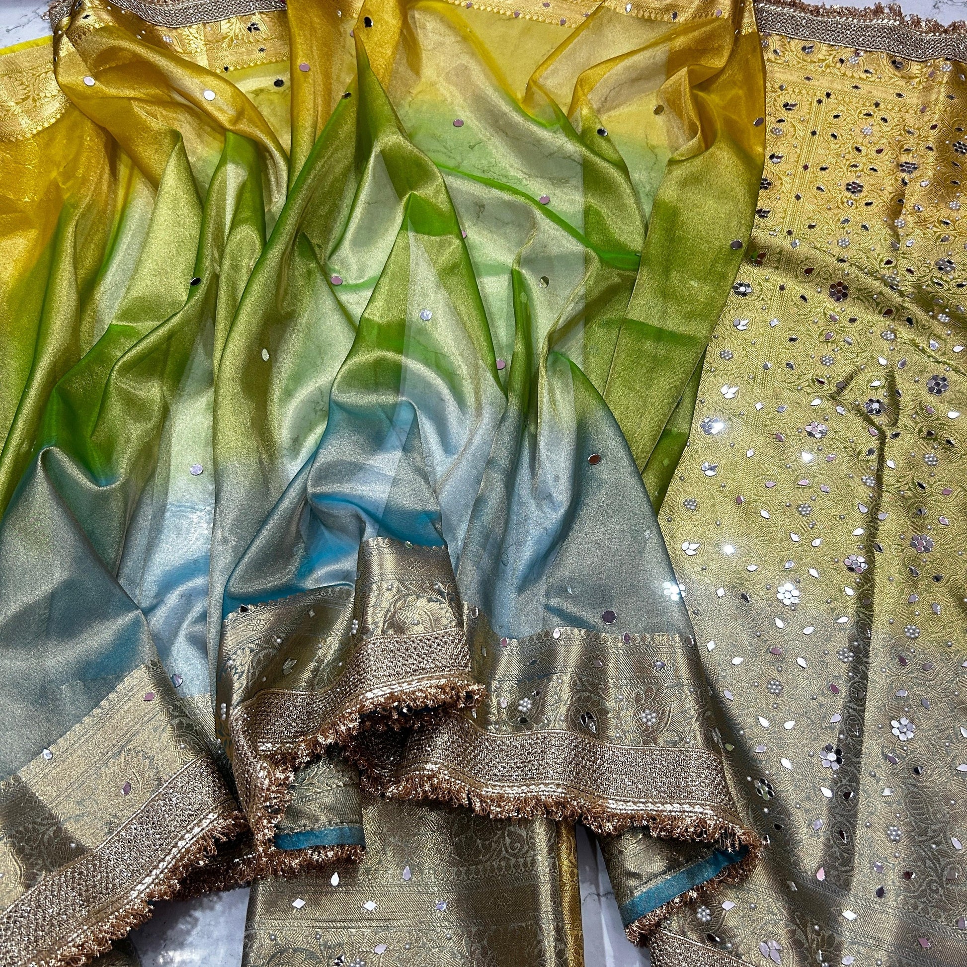 Multi Color Banarasi Tissue Silk Saree Lace With Mirror Work Alna Apparels