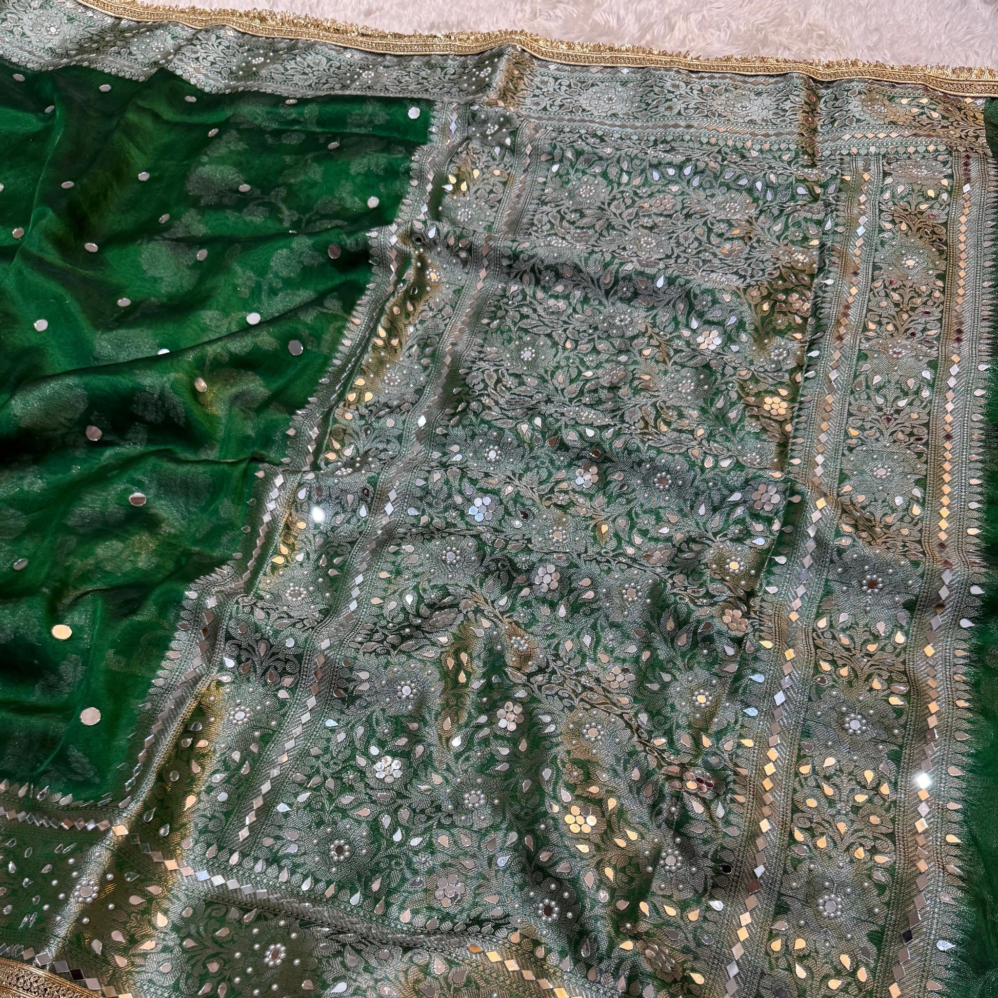 Green Banarasi Tissue Silk Saree Lace Work With Fancy Mirror Work Alna Apparels