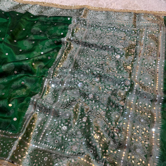 Green Banarasi Tissue Silk Saree Lace Work With Fancy Mirror Work Alna Apparels