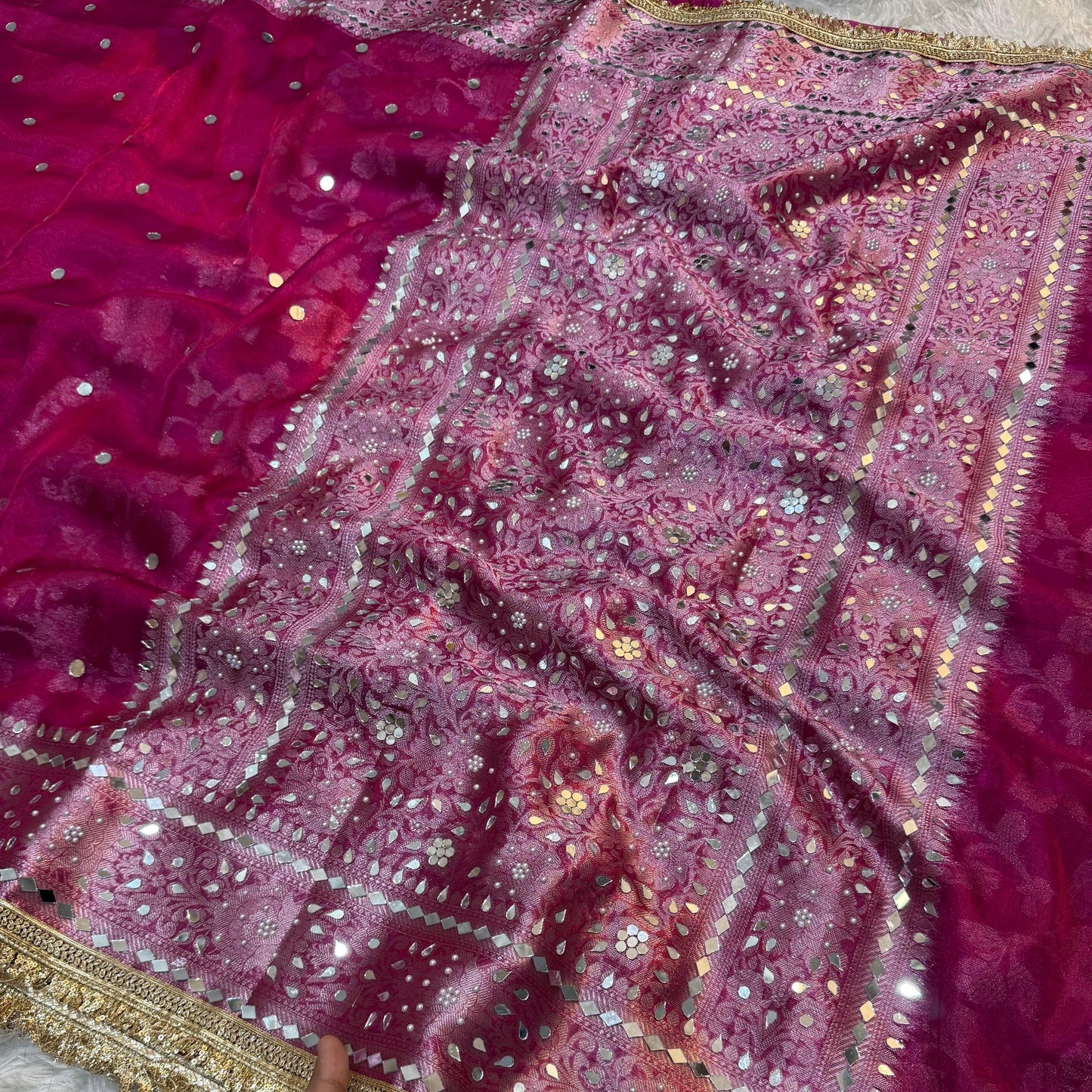Pink Banarasi Tissue Silk Saree Lace Work With Fancy Mirror Work Alna Apparels