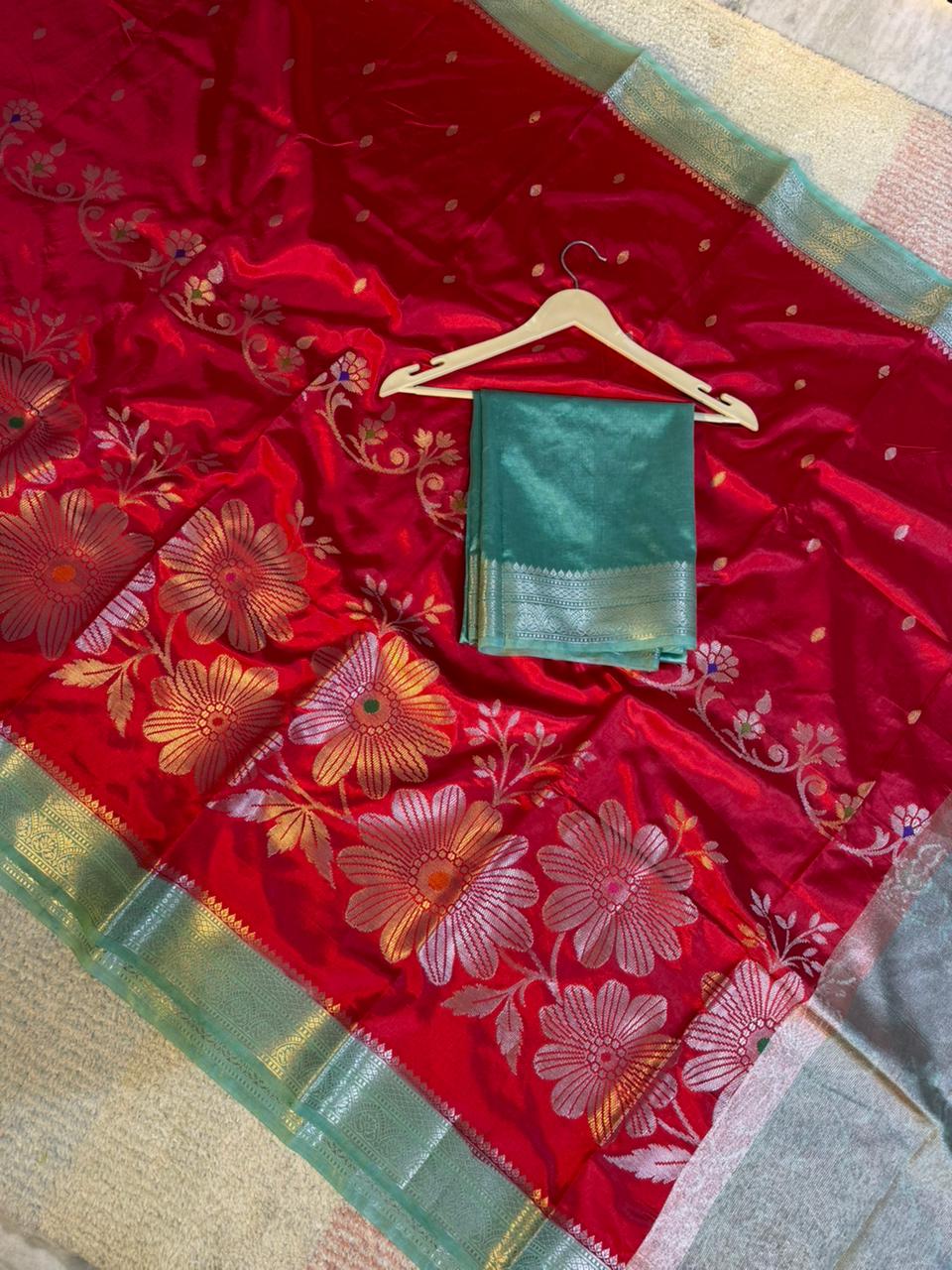 Red Color Banarasi Kathan Soft Silk Saree Alna Apparels