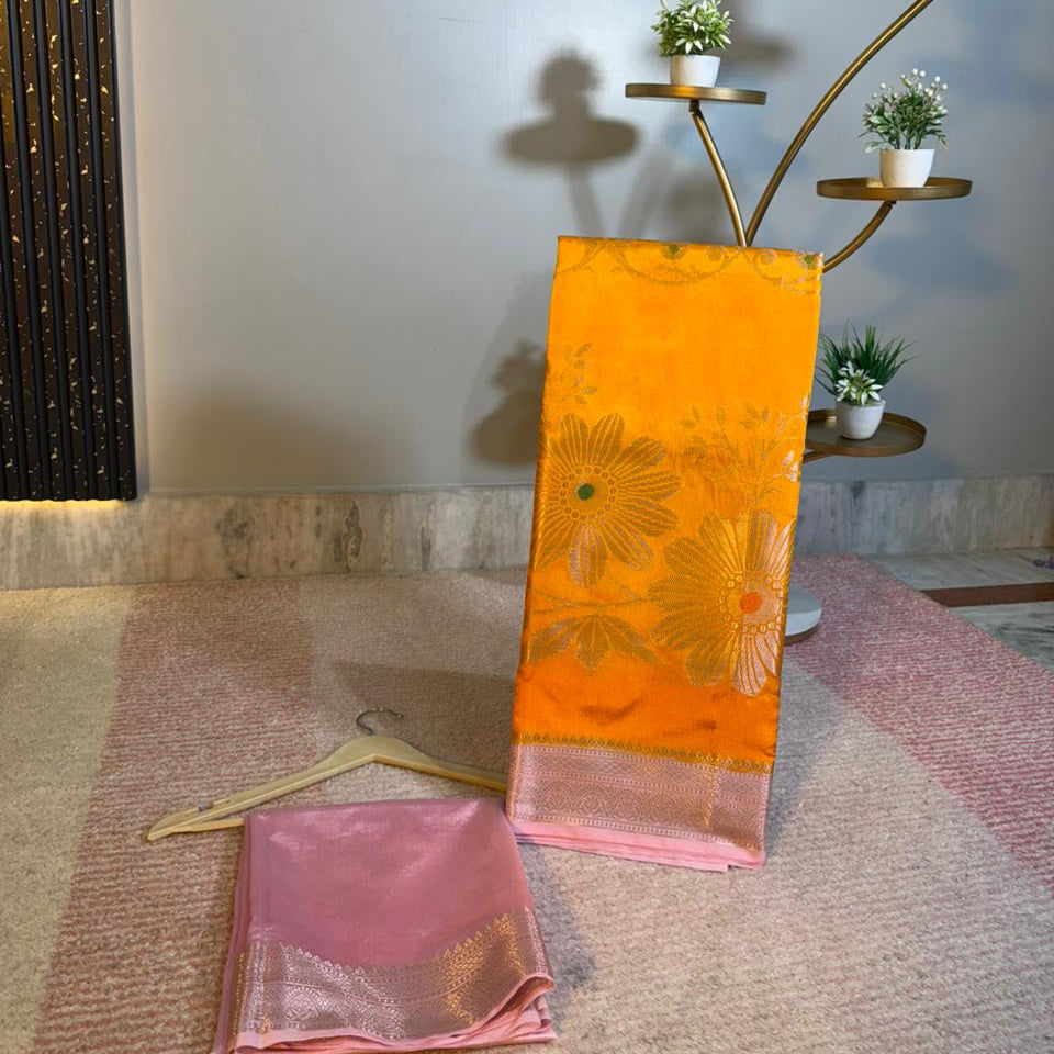 Yellow Color Banarasi Kathan Soft Silk Saree Alna Apparels