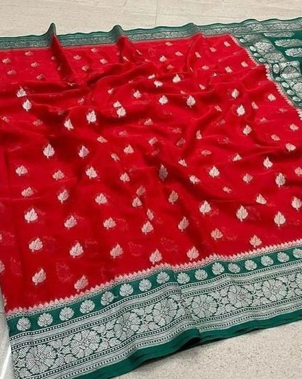 Red Banarasi Katan Georgette Saree Alna Apparels