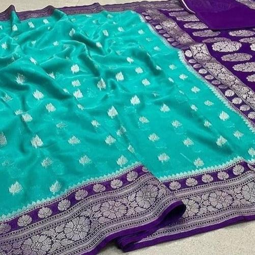 Blue Banarasi Katan Georgette Saree Alna Apparels