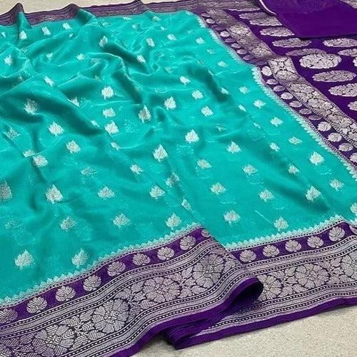 Blue Banarasi Katan Georgette Saree Alna Apparels