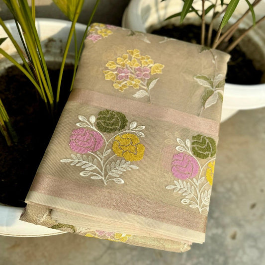 Beige Color Banarasi Embroidery Tissue Silk Saree Alna Apparels