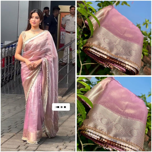 Janvi Kapoor inspired Pink Banarasi Tissue Silk Saree Alna Apparels
