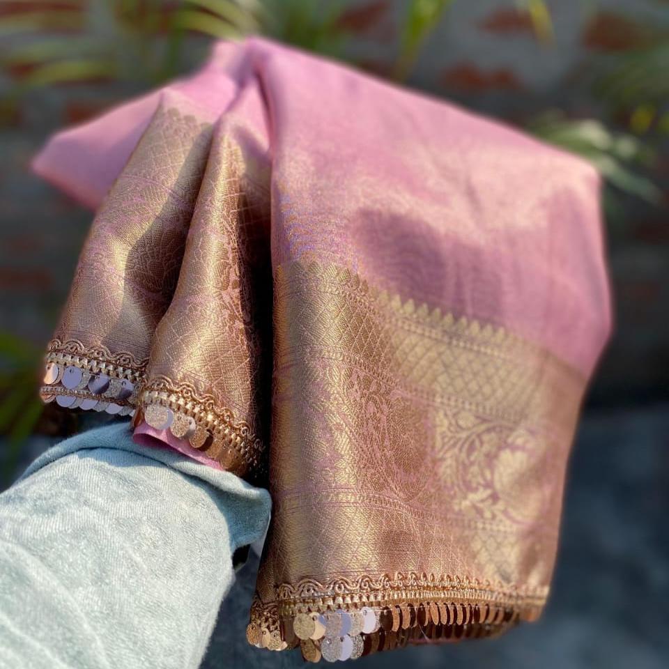 Janvi Kapoor inspired Pink Banarasi Tissue Silk Saree Alna Apparels