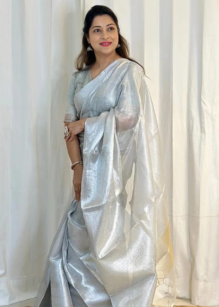 Silver Banarasi Tissue Silk Saree Alna Apparels