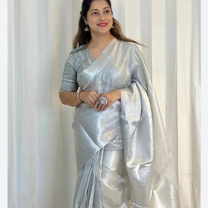 Silver Banarasi Tissue Silk Saree Alna Apparels