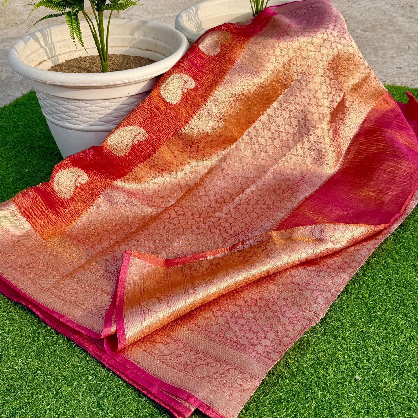 Pink Banarasi Crush Tissue Silk Saree Alna Apparels