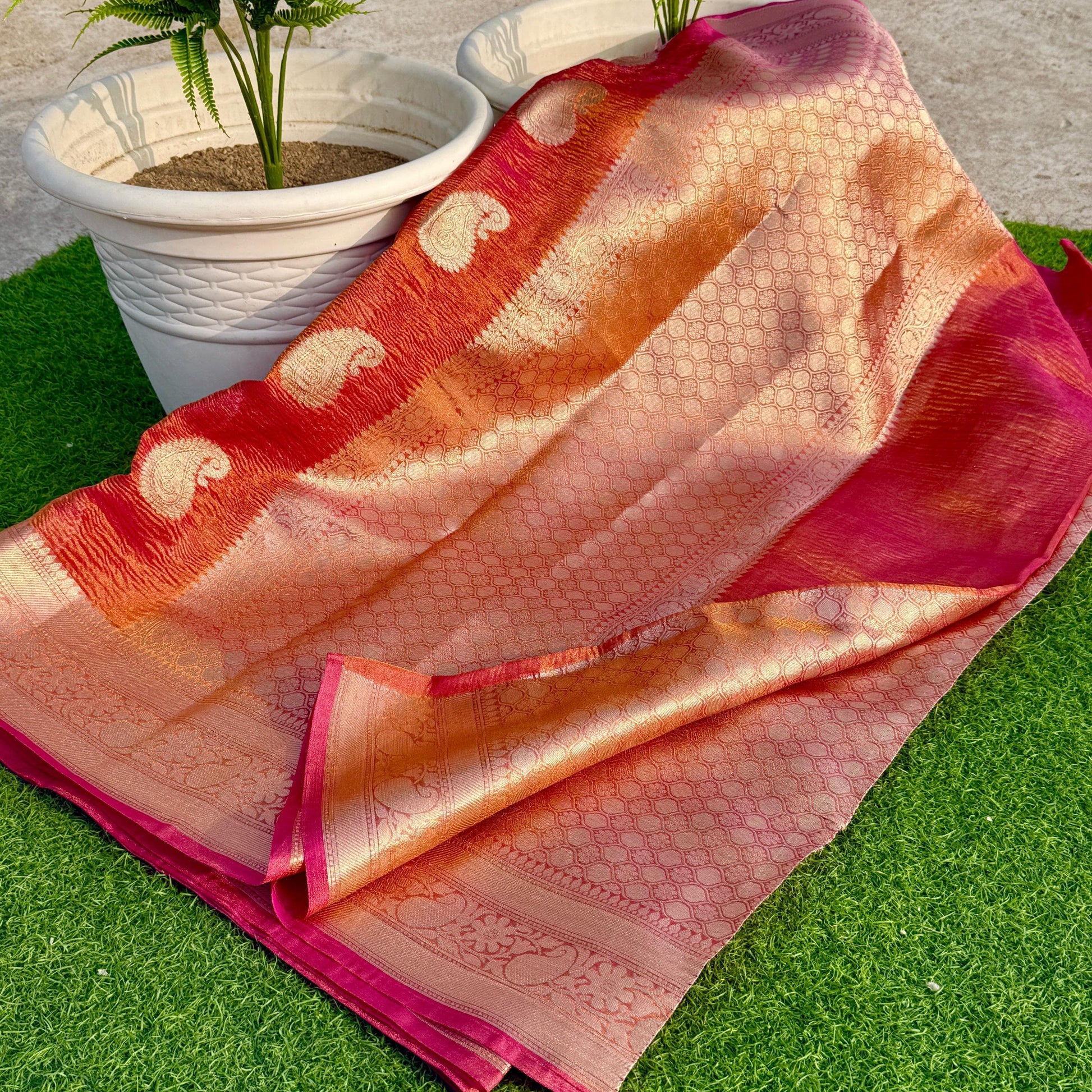 Pink Banarasi Crush Tissue Silk Saree Alna Apparels
