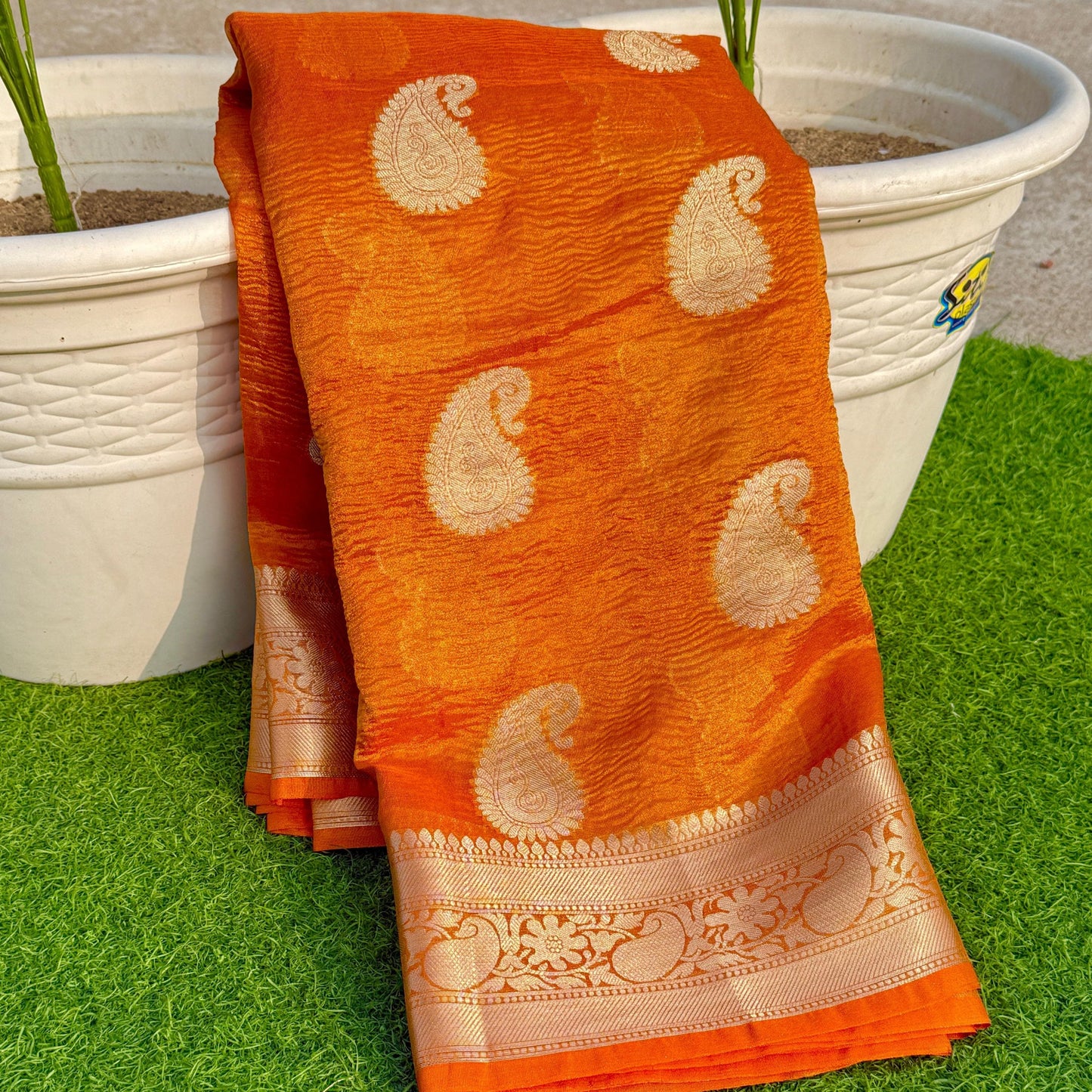 Orange Banarasi Crush Tissue Silk Saree Alna Apparels