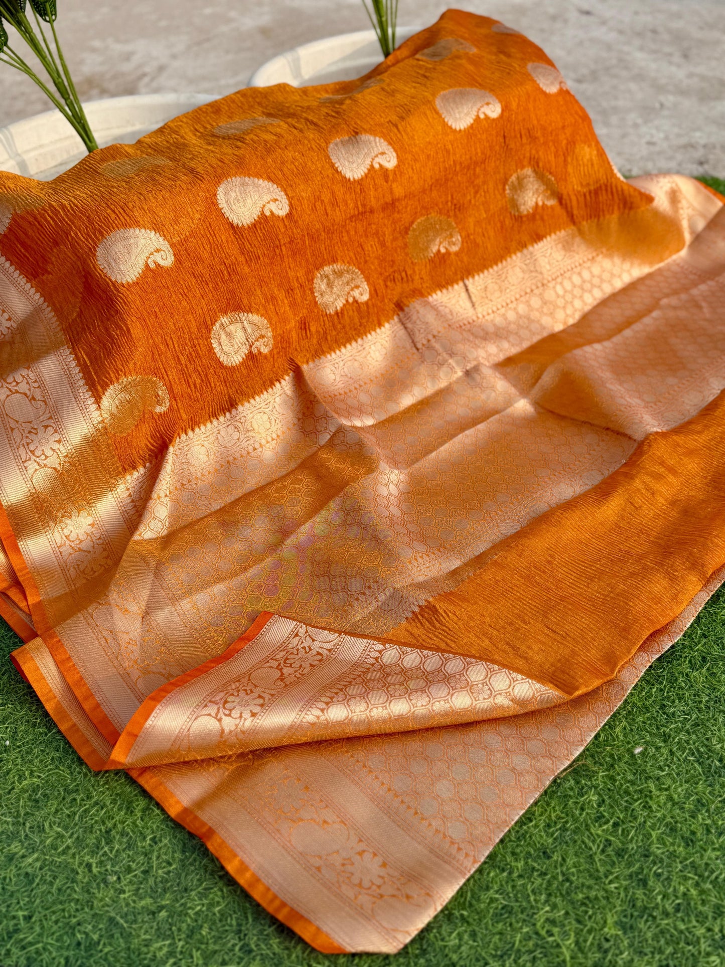 Orange Banarasi Crush Tissue Silk Saree Alna Apparels