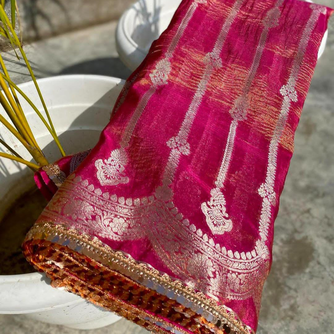 Pink Banarasi Crush Tissue Silk Saree with Lace Work Alna Apparels
