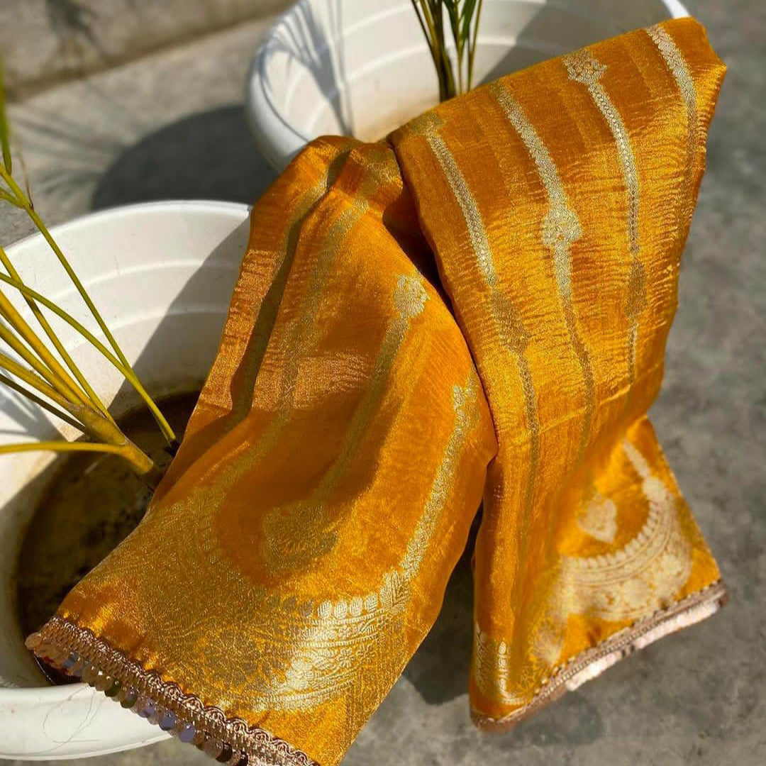 Mustard Yellow Banarasi Crush Tissue Silk Saree with Lace Work Alna Apparels