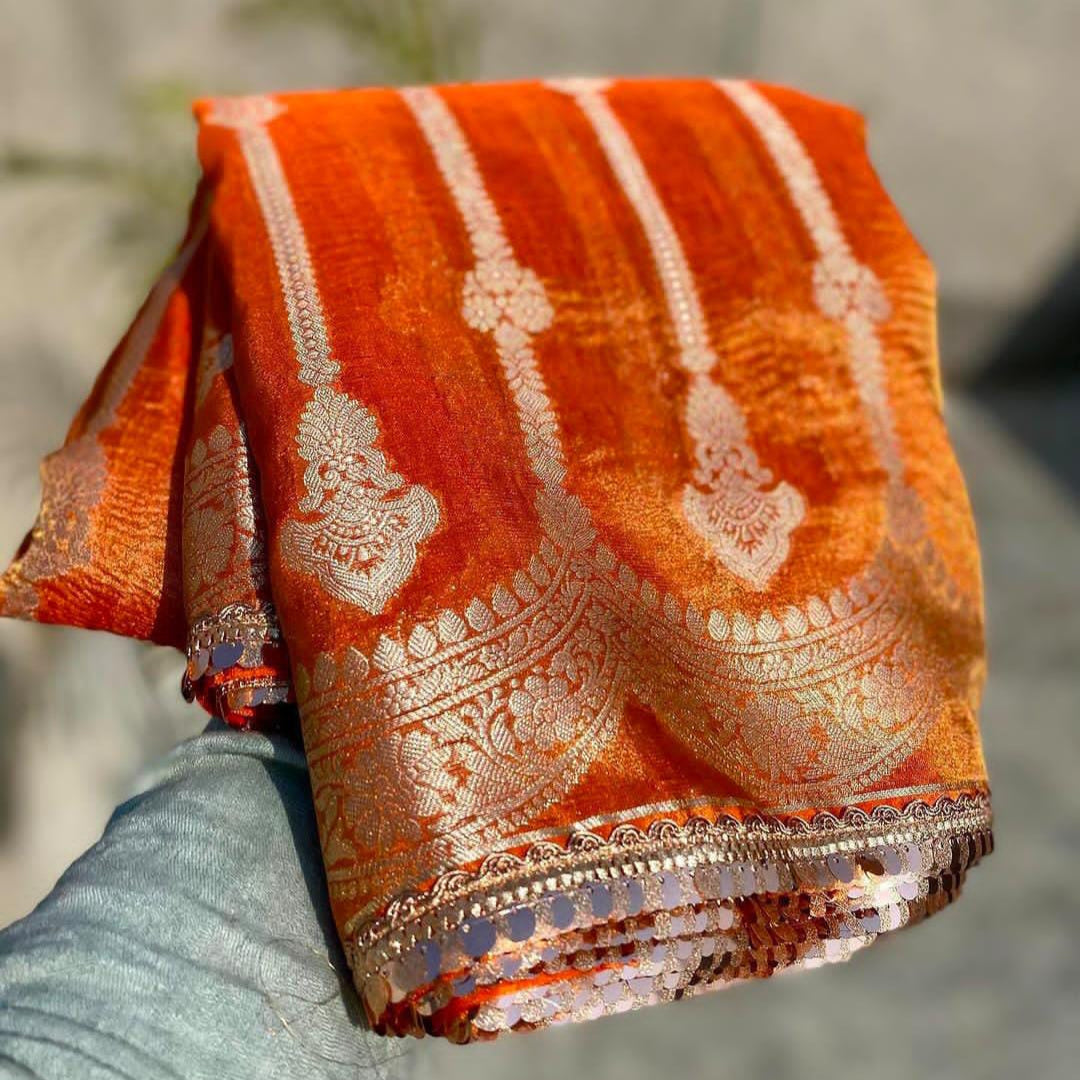 Orange Banarasi Crush Tissue Silk Saree with Lace Work Alna Apparels