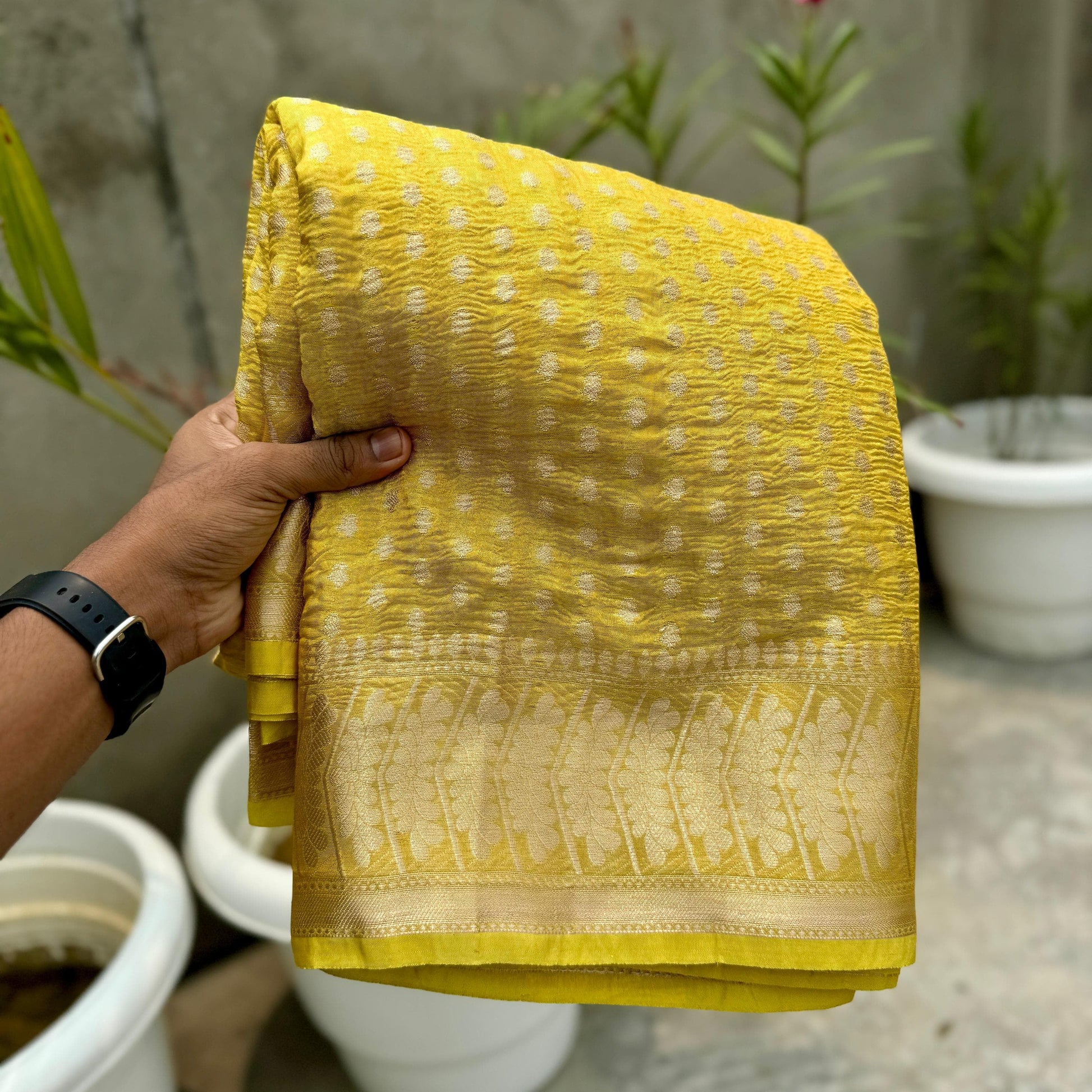 Mustard Yellow Banarasi Crush Tissue Silk Saree Alna Apparels