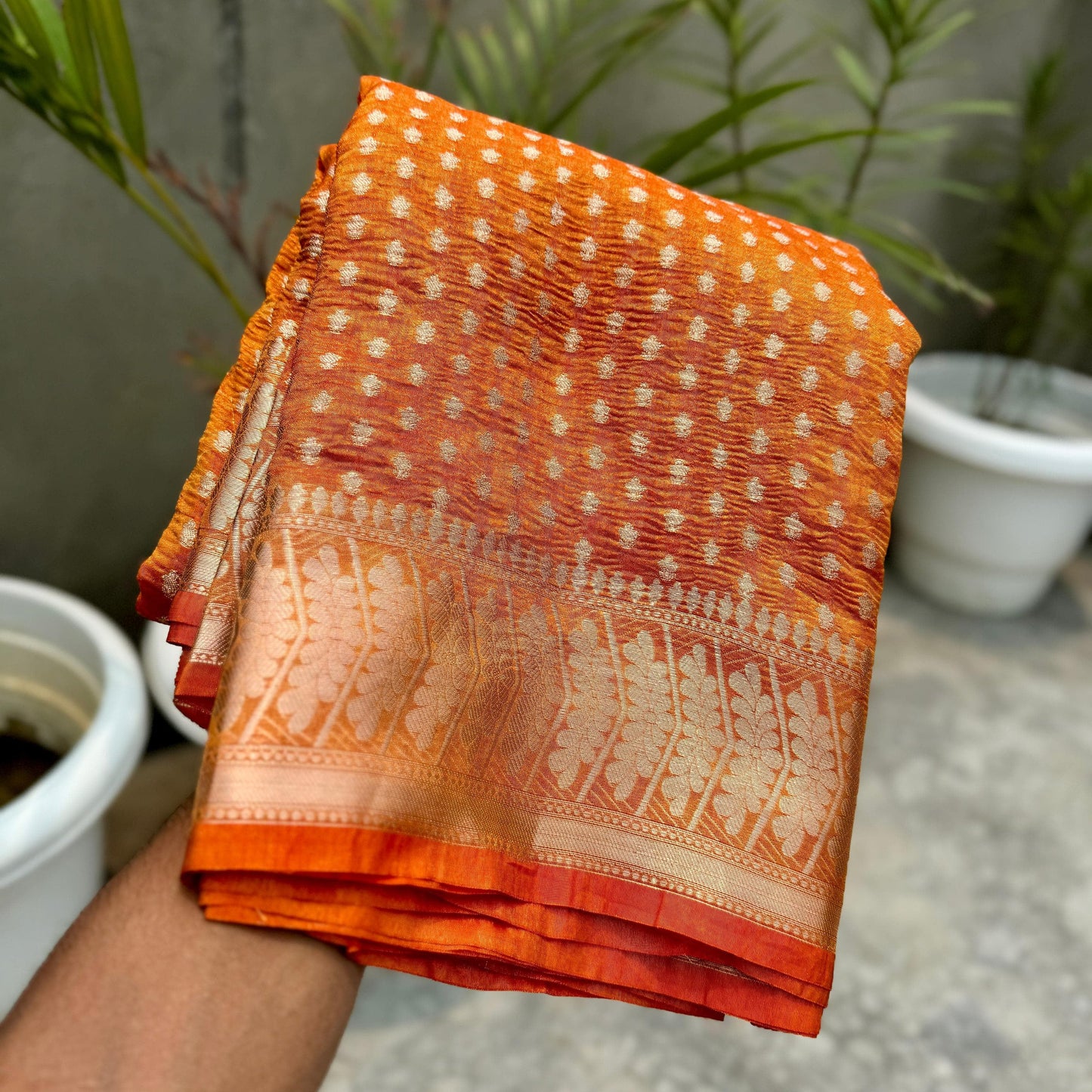 Orange Banarasi Crush Tissue Silk Saree Alna Apparels