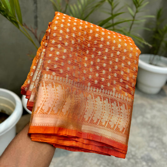 Orange Banarasi Crush Tissue Silk Saree Alna Apparels