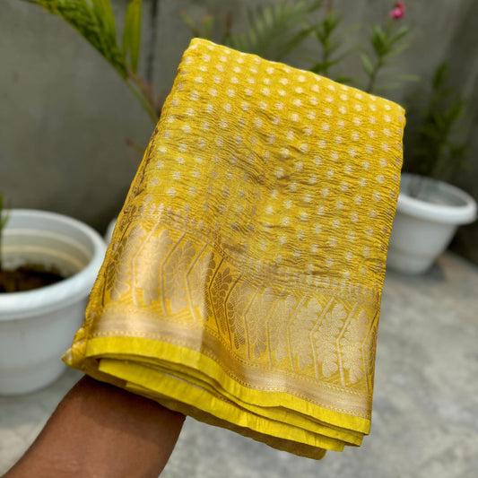 Mustard Yellow Banarasi Crush Tissue Silk Saree Alna Apparels