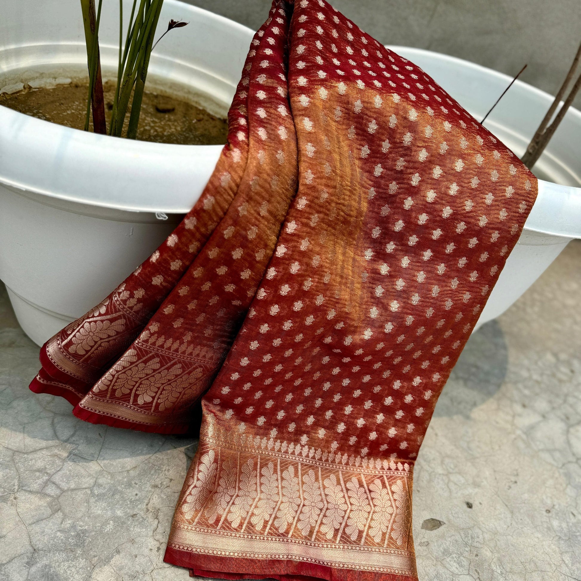 Maroon Banarasi Crush Tissue Silk Saree Alna Apparels