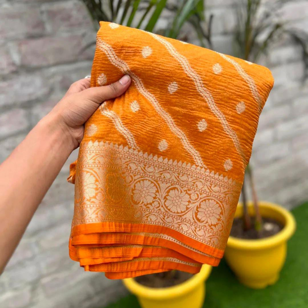 Orange Banarasi Crush Tissue Silk Saree Alna Apparels
