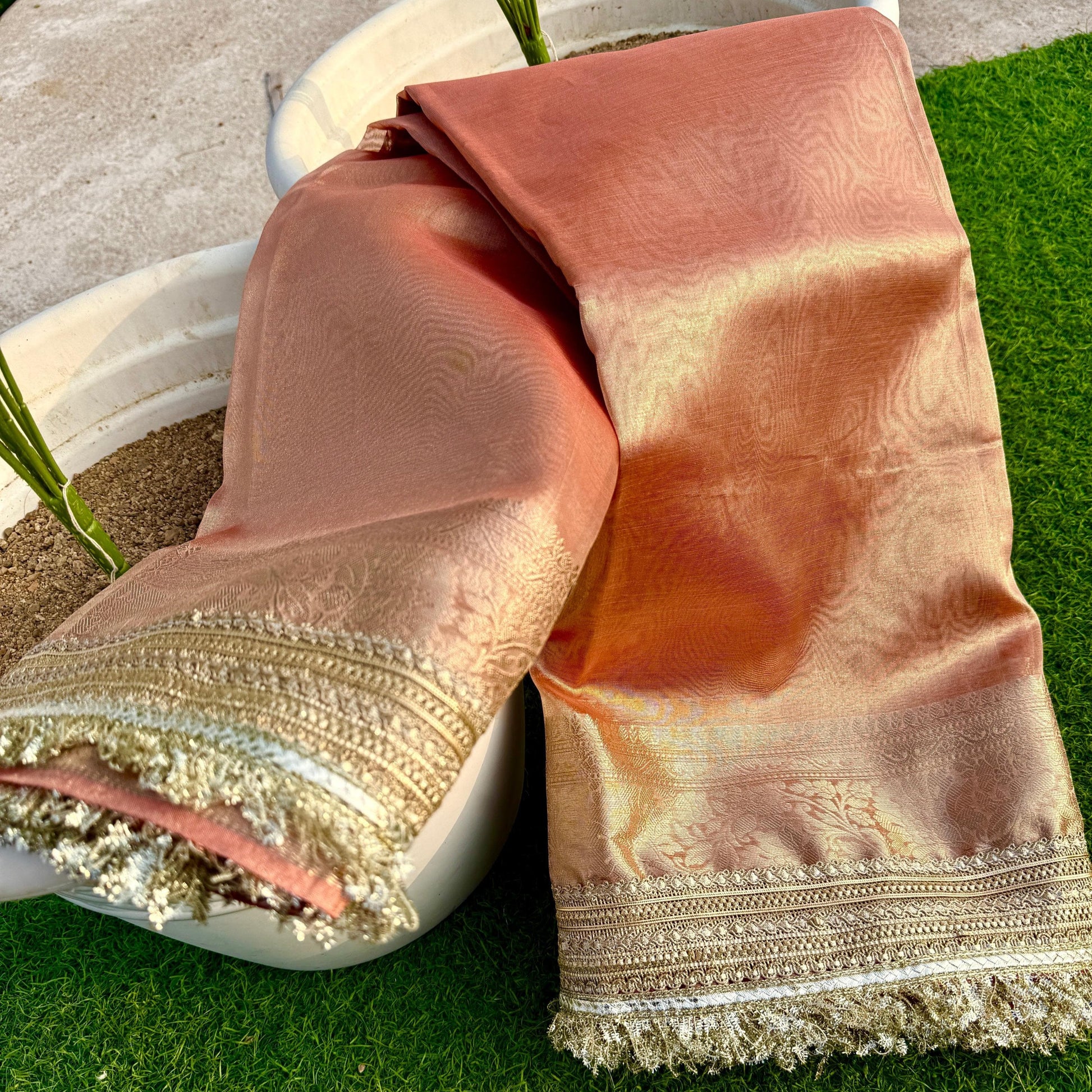 Peach Banarasi Tissue Silk Saree with Grand Lace Work Alna Apparels