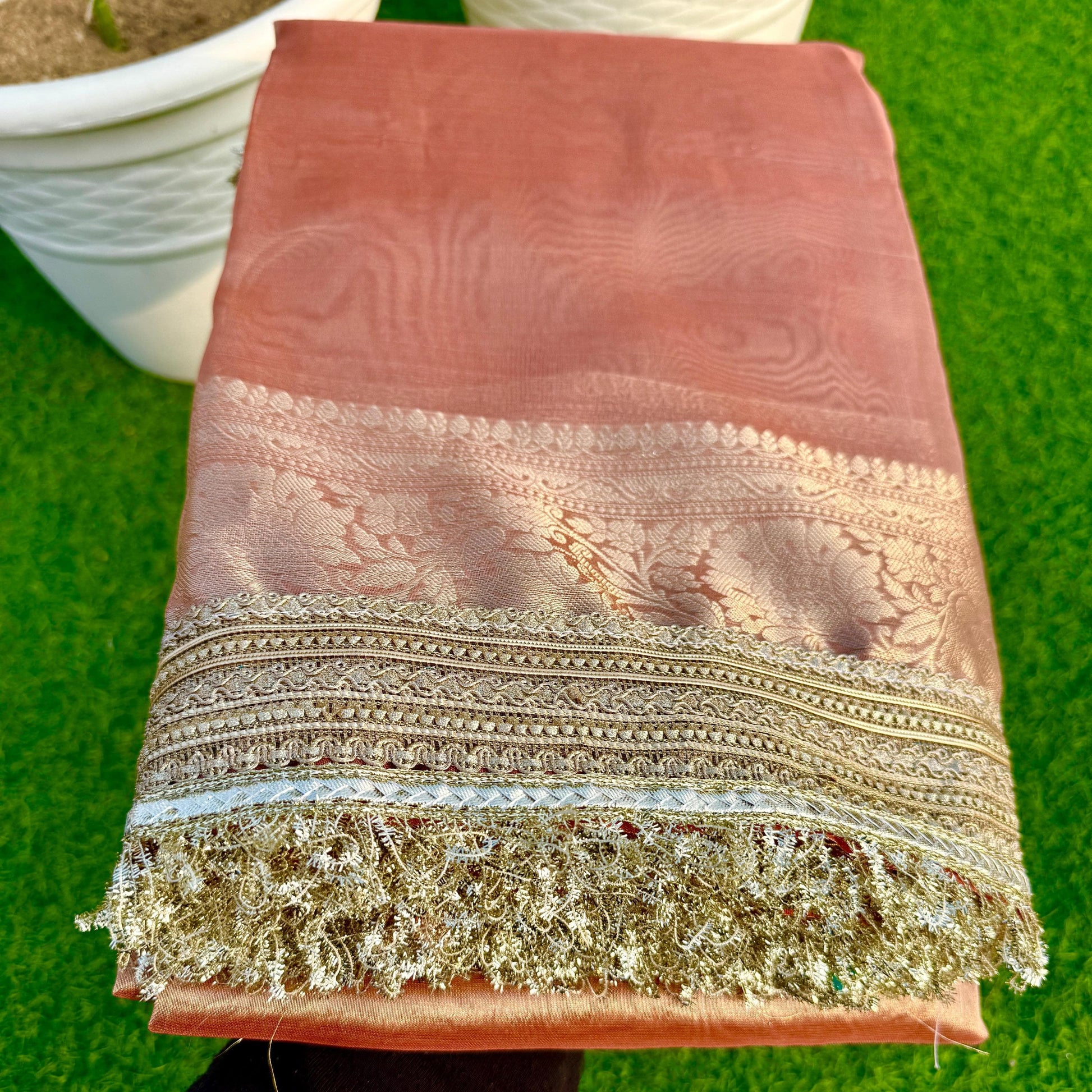 Peach Banarasi Tissue Silk Saree with Grand Lace Work Alna Apparels