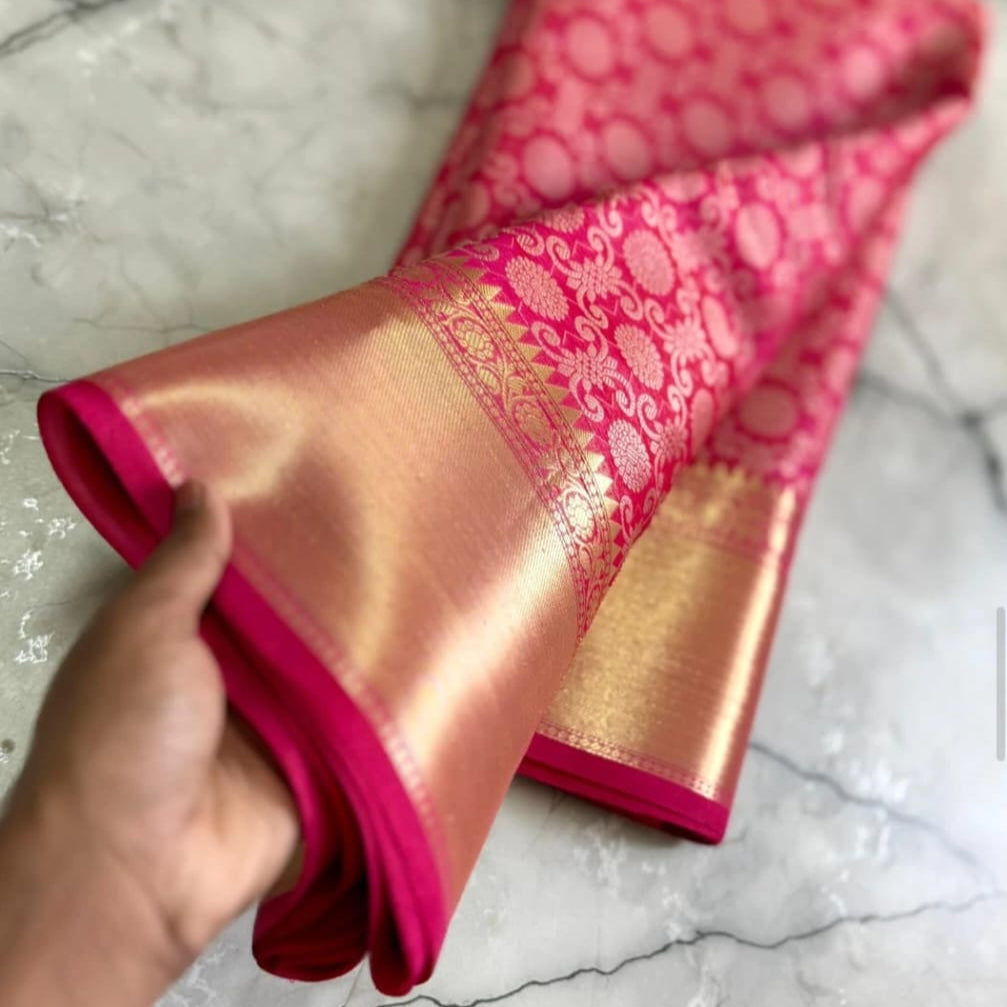 Shruthi Hasan inspired Pink Banarasi Tissue Silk Saree Alna Apparels