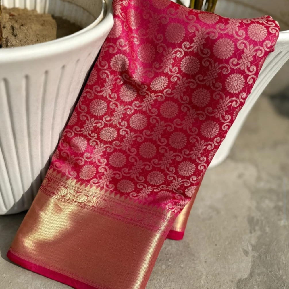 Shruthi Hasan inspired Pink Banarasi Tissue Silk Saree Alna Apparels