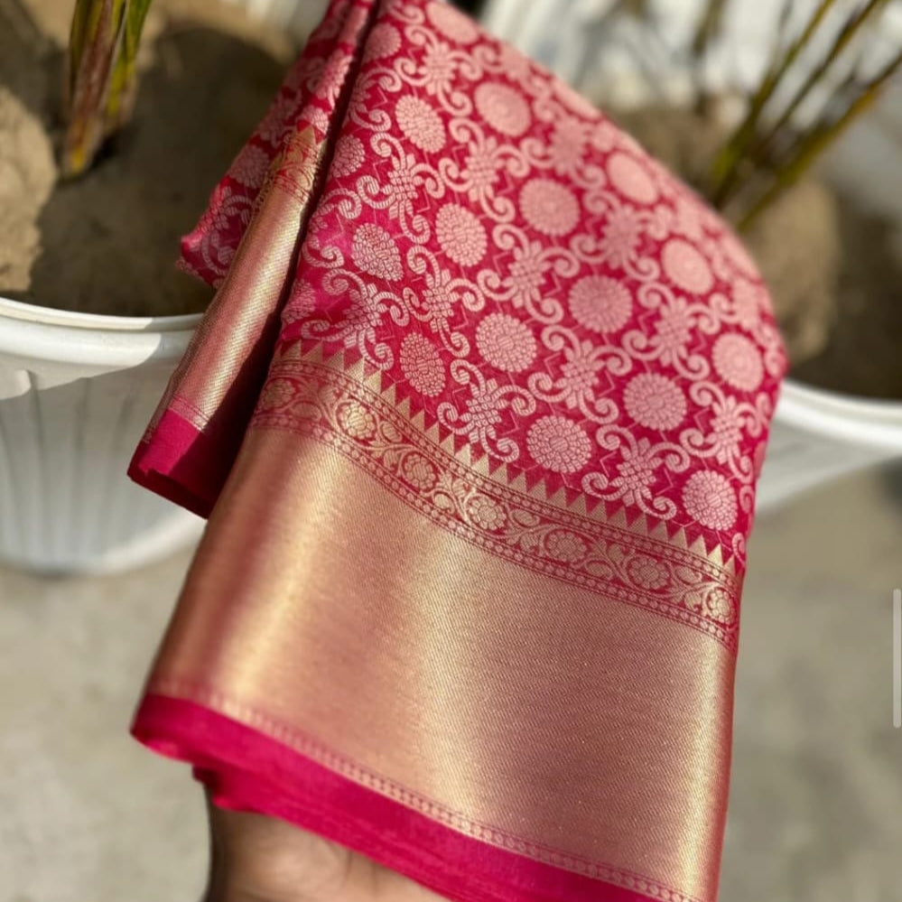 Shruthi Hasan inspired Pink Banarasi Tissue Silk Saree Alna Apparels