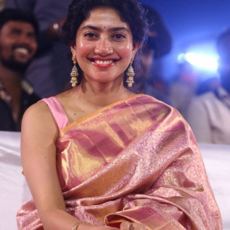 Sai Pallavi inspired Pink Banarasi Tissue Silk Saree Alna Apparels