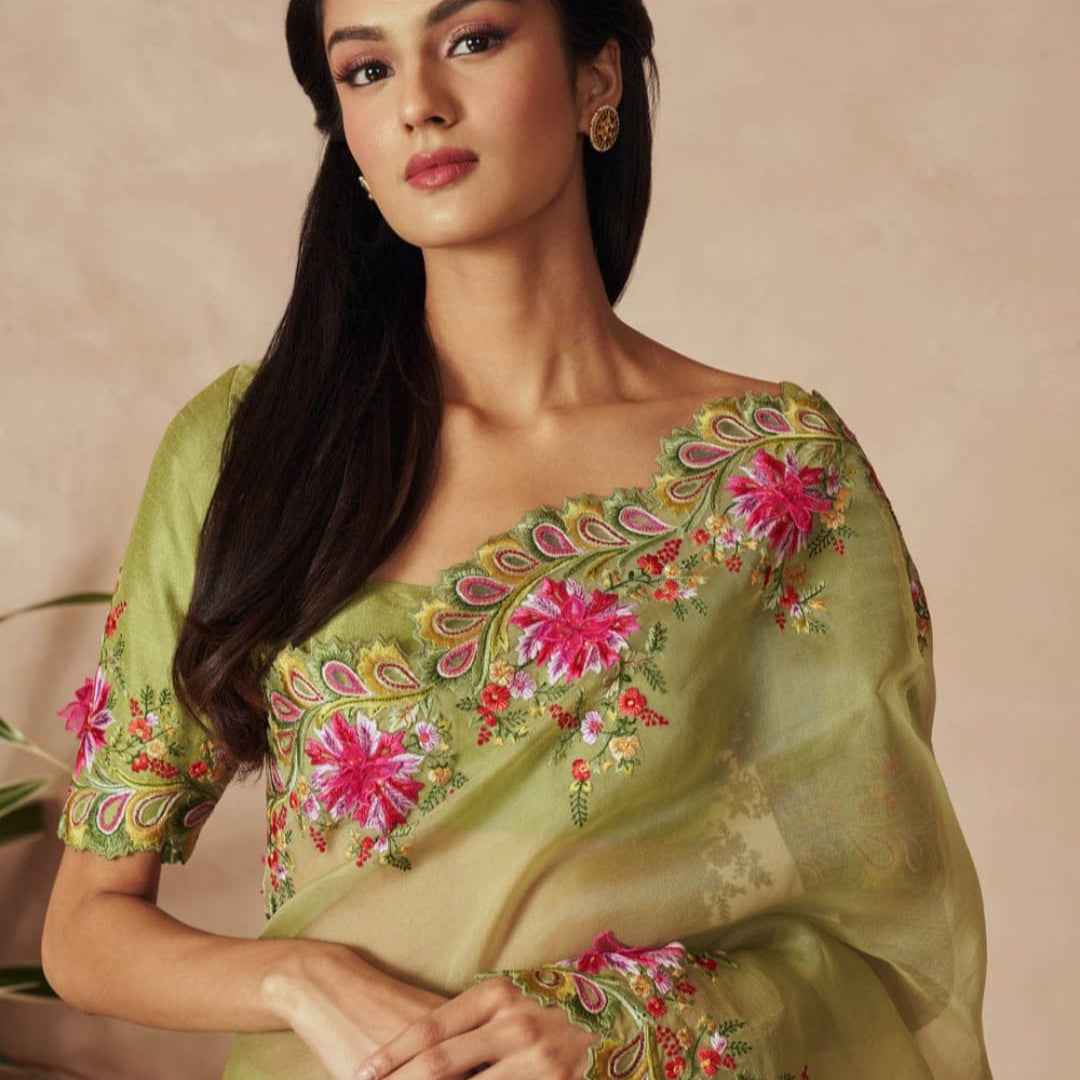 Pista Green Banarasi Dayble Cora Organza Silk Saree With Cutwork Alna Apparels