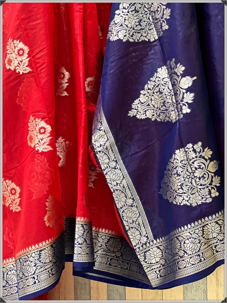 Red Banarasi Georgette Meenakari Soft Silk Saree Alna Apparels