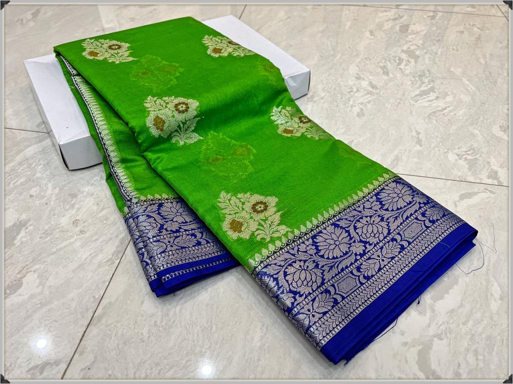Parrot Green Banarasi Georgette Meenakari Soft Silk Saree Alna Apparels