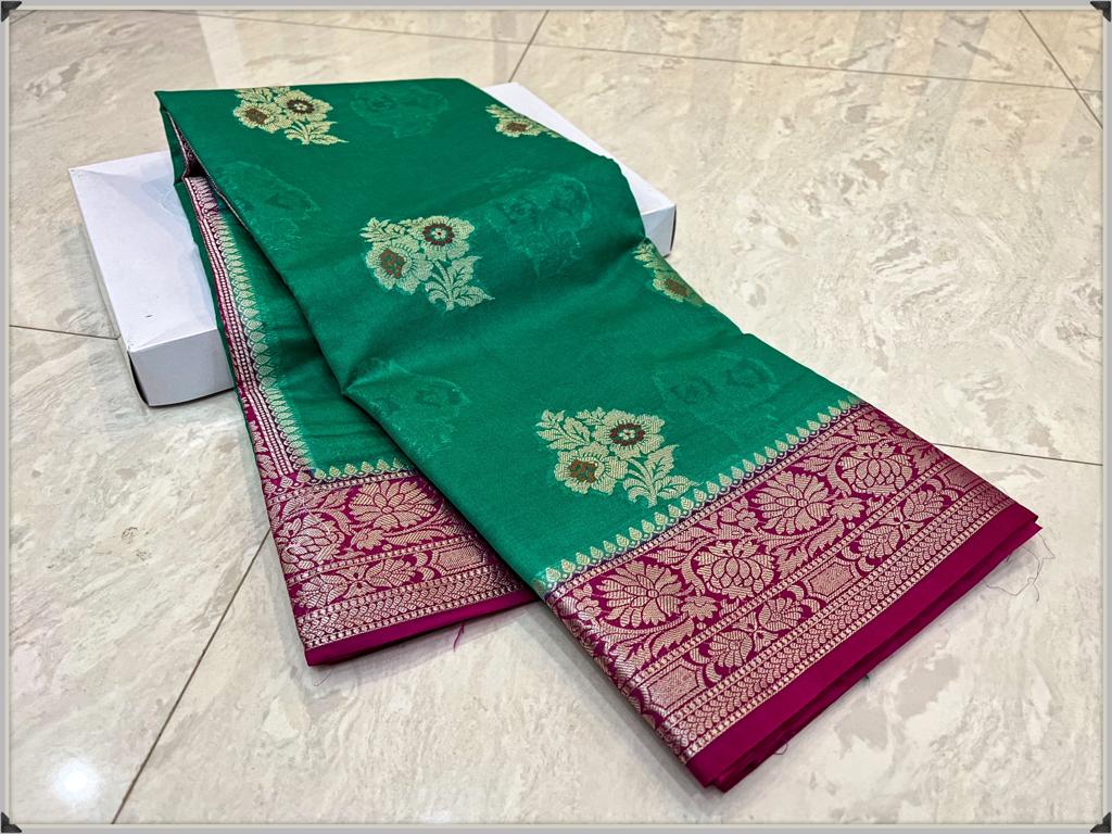 Green Banarasi Georgette Meenakari Soft Silk Saree Alna Apparels