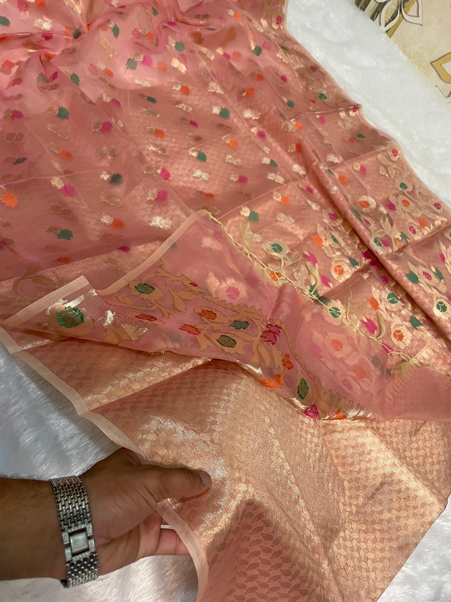 Pink Banarasi Kora Organze Silk Saree Alna Apparels