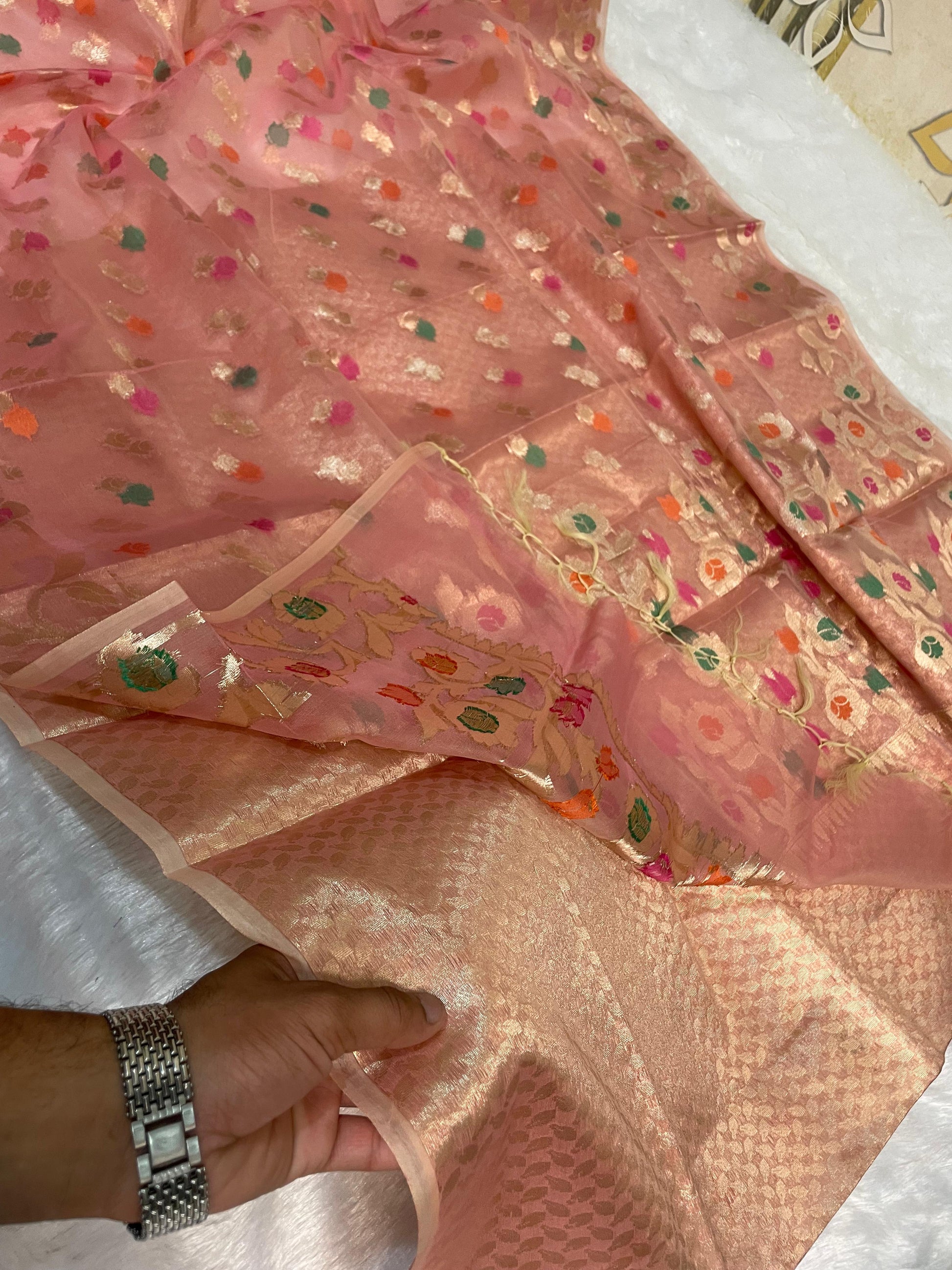 Pink Banarasi Kora Organze Silk Saree Alna Apparels