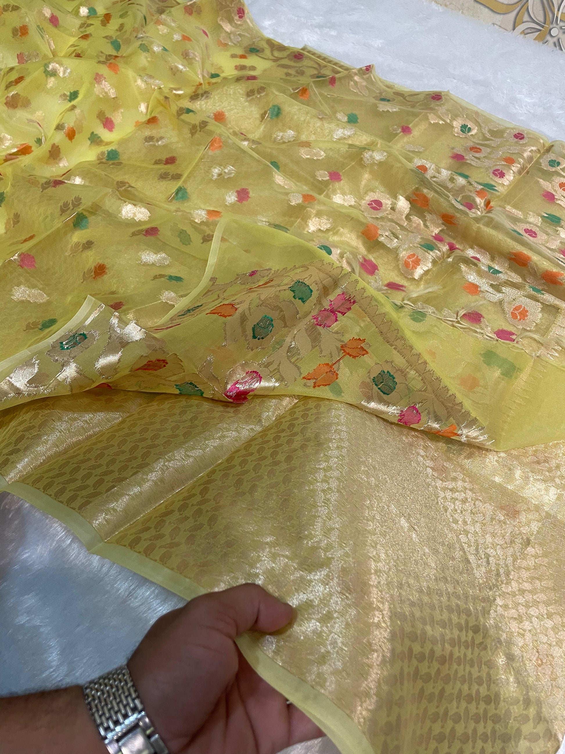 Green Banarasi Kora Organze Silk Saree Alna Apparels