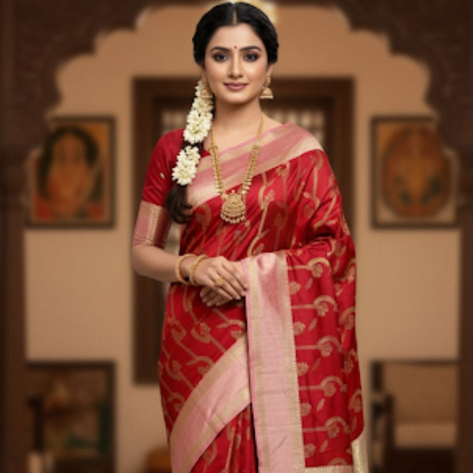 Red Banaras Semi Kathan Silk Saree Alna Apparels